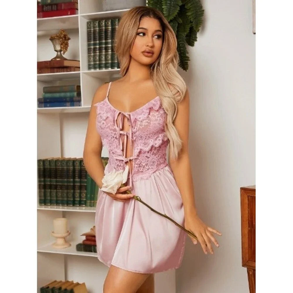 Size 8/10 (Large) Satin Lace Panel Ruffle Trim Knot Front Babydoll Slip